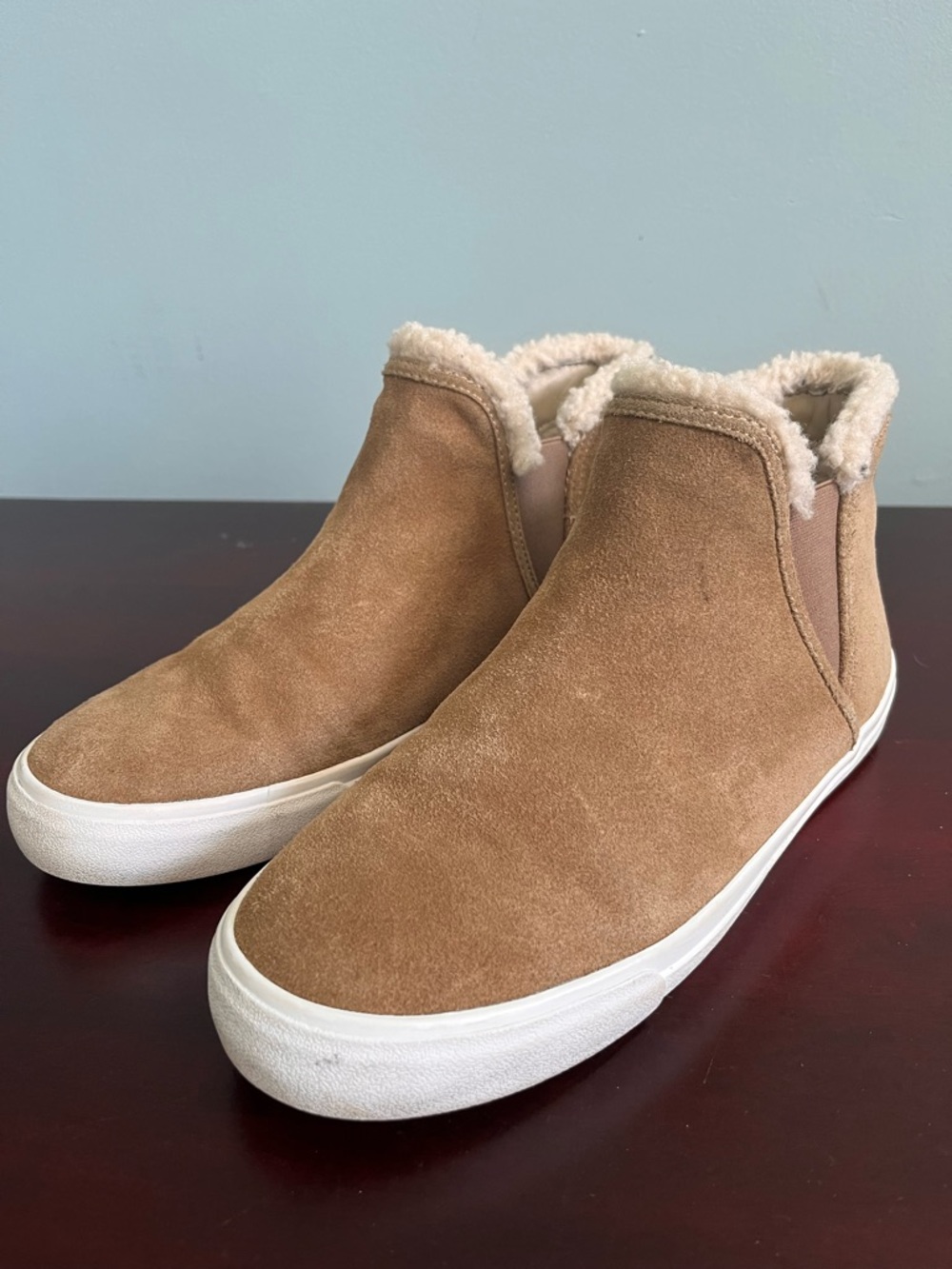 Classic Suede Shearling-Lined Ankle Sneaker Booties in Tan